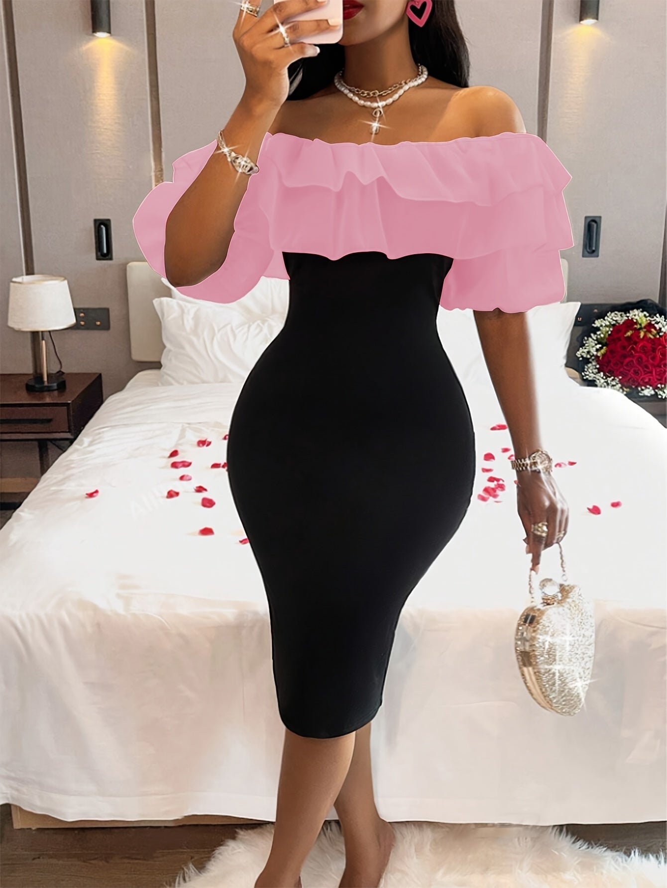 [Stretchy Comfort] Elegant Red Off-Shoulder Ruffled Dress for Women - Stretchy Bodycon Midi with Side Slit, Valentine’s Day Special Occasion, Machine Washable, Form-Fitting Design, Elegant Event Clothing | Ruffled Bodice |