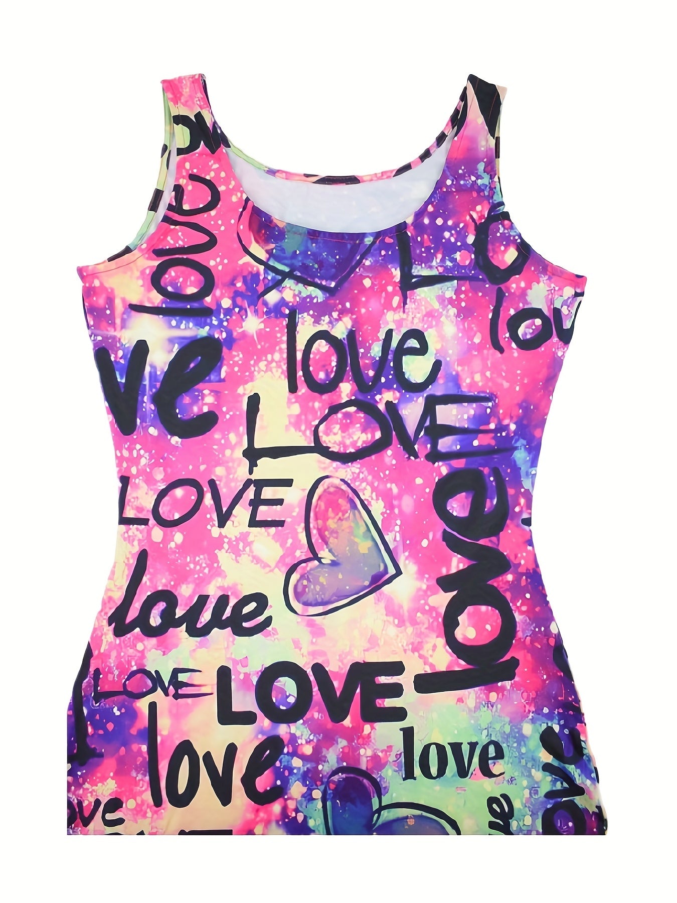 Love Letter Print Tank Dress, Casual Slim Bag Hip Random Printing Dress, Women's Clothing