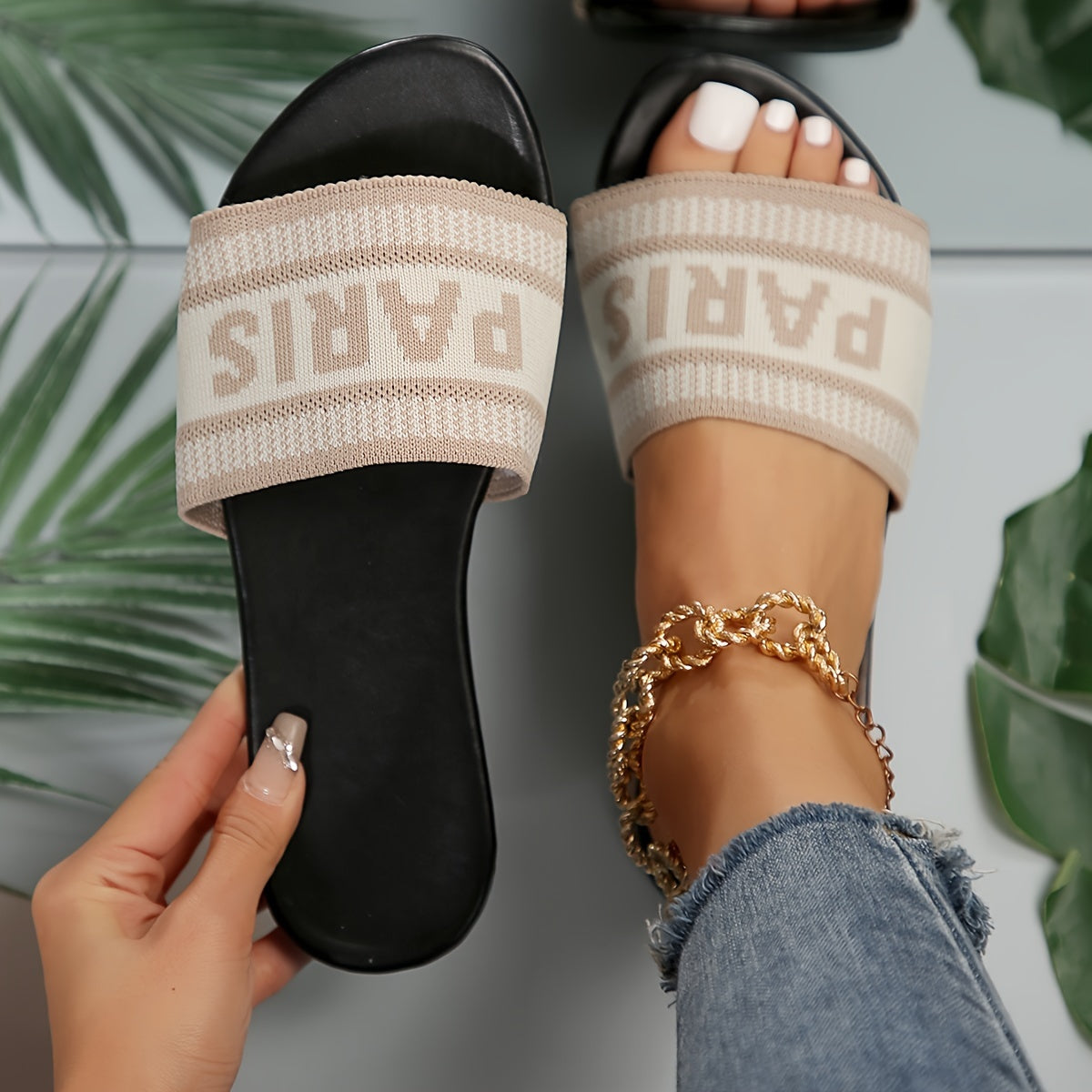 Women's Paris Word Design Flat Slides, Knitted Single Band Open Toe Shoes, Casual Lightweight Outside Slides