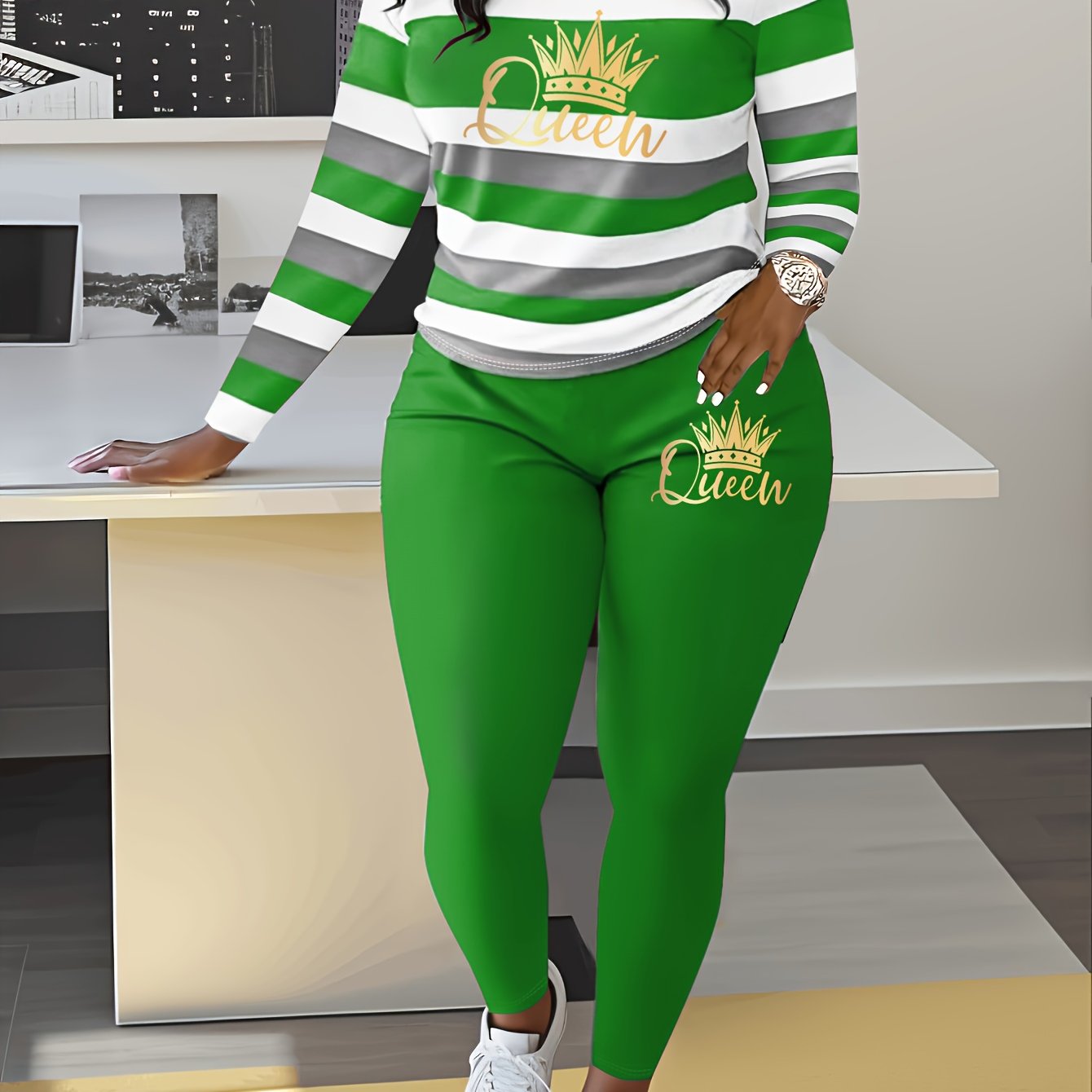 Women's Striped Crown Print Casual Tracksuit Set - Polyester & Elastane Knit Crew Neck Long Sleeve Top with Pants, No Belt - Fall/Winter Cozy Loungewear Suit (1 Top + 1 Pants)