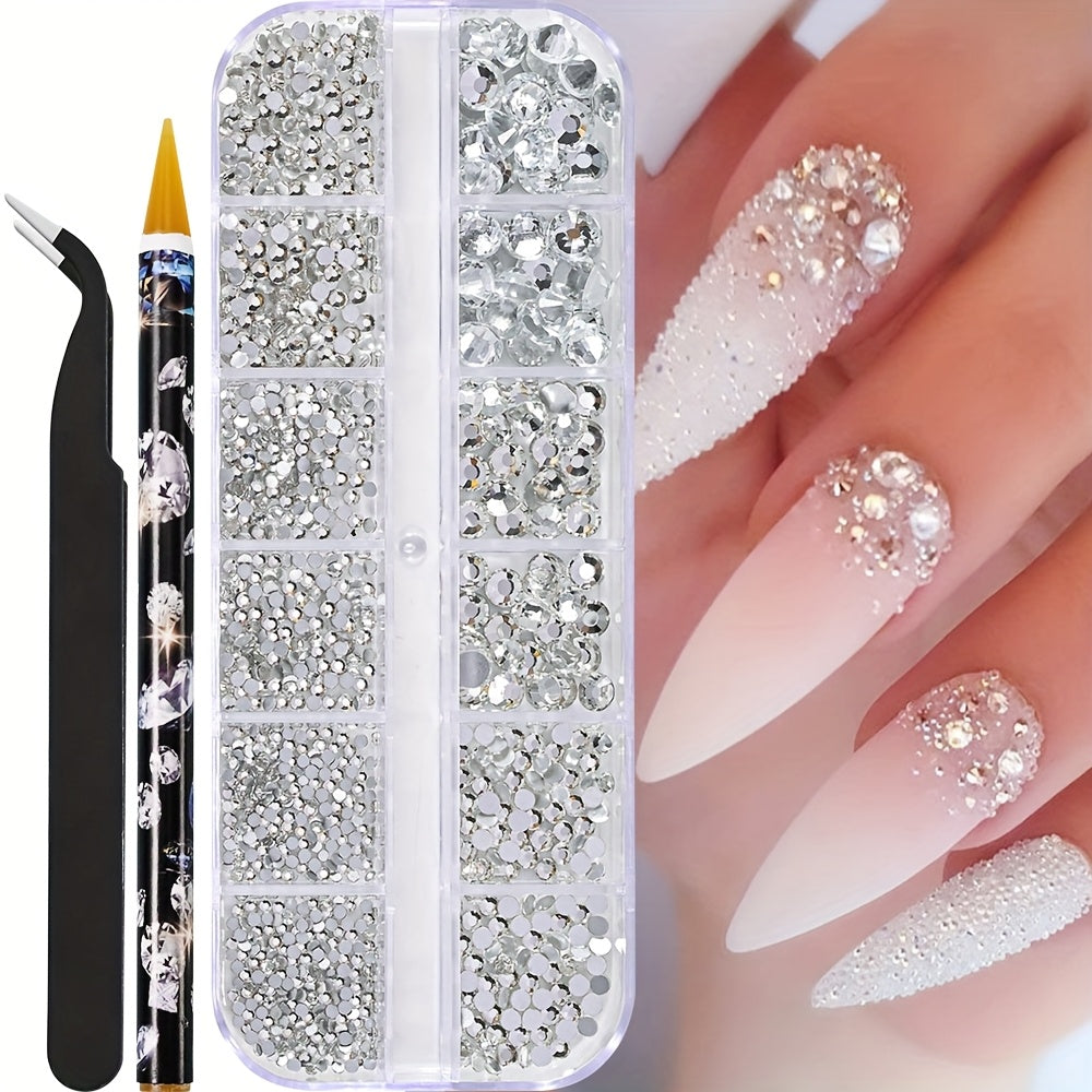 Multi-Size Flatback AB Nail Art Rhinestones Kit – Crystal Pearls & Gemstones for DIY Nails, Shoes, Clothes, Makeup & Bags – Includes Tweezer & Pen (SS4–SS16)