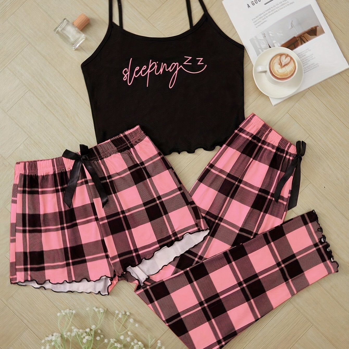 Women'S Pajama Set with Plaid Print and Motivational Quote