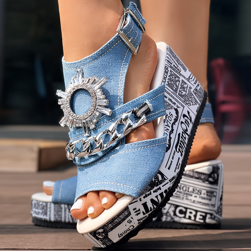 Newspaper Buckle Denim Wedge Slippers - Without Anklet