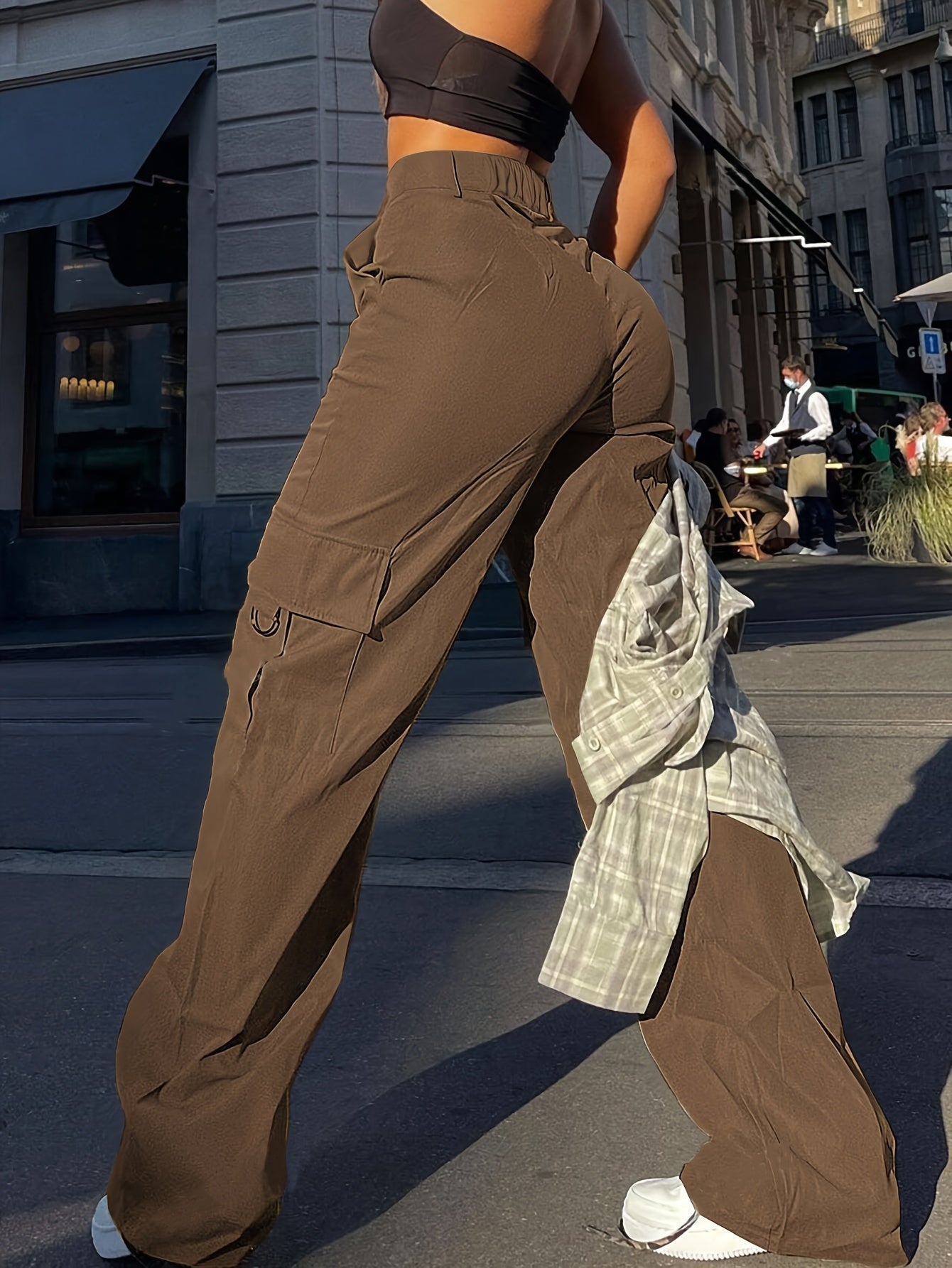Elegant Brown Cargo Pants for Women - 100% Polyester, Straight-Leg with Flap Pockets, High-Waisted, Machine Washable - Perfect for Spring/Fall