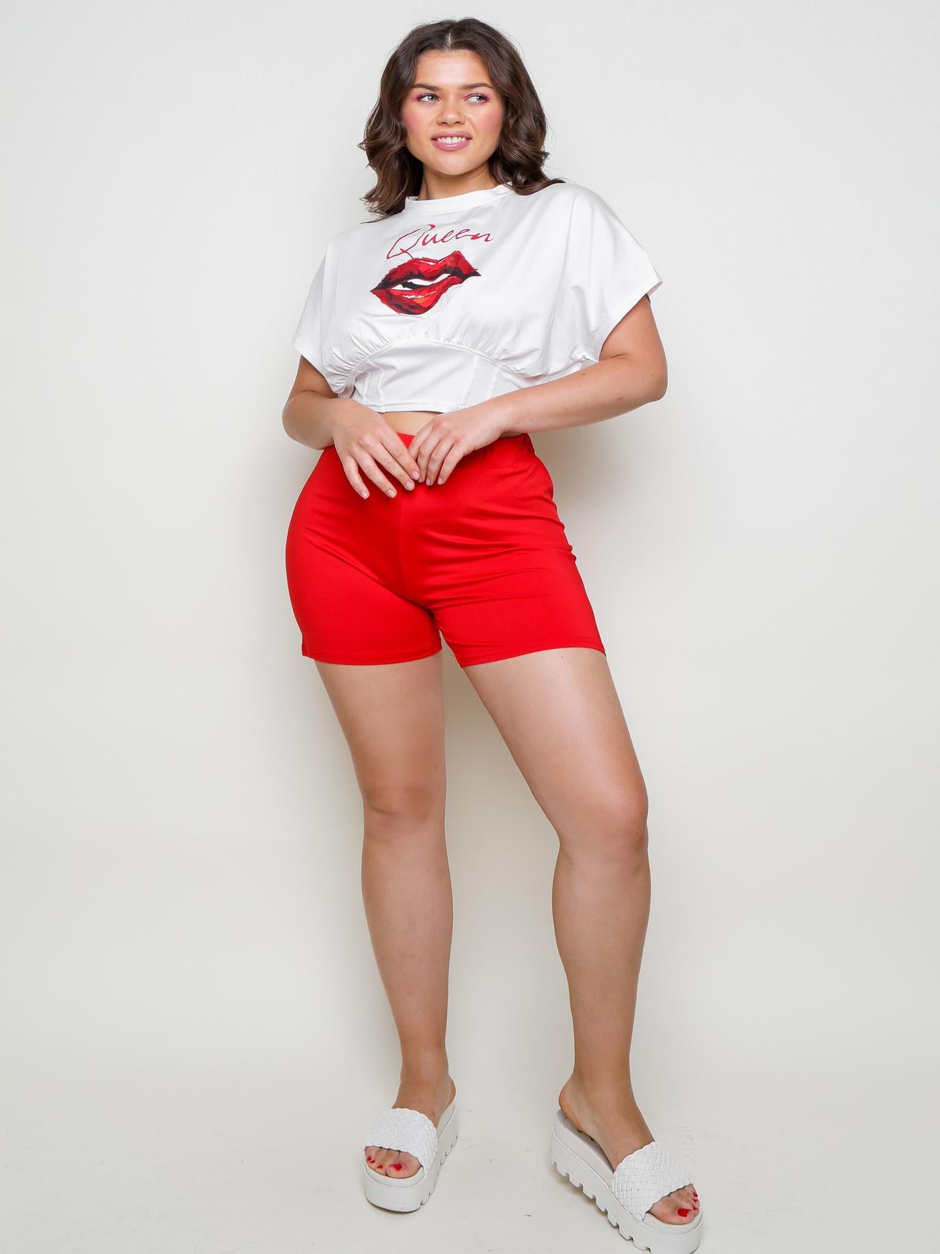 LIP LETTER PRINT CORSET DESIGN CROP TOP SHORTS SET
