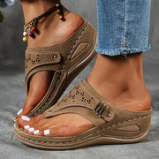 Women's Open Toe Wedge Slide Sandals – Perforated Faux Cover, Arch Support, Hook-and-Loop Closure, Soft Rubber Sole, All-Season Comfort