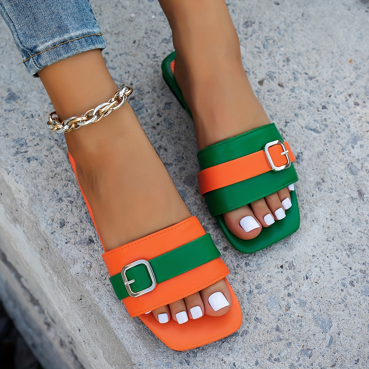 1 Pair Women'S Fashion Slide Sandals - Solid Color Open Toe Flat Heel with Slip-On Closure, Casual Vacation Style, Rubber Sole, Man-Made Materials