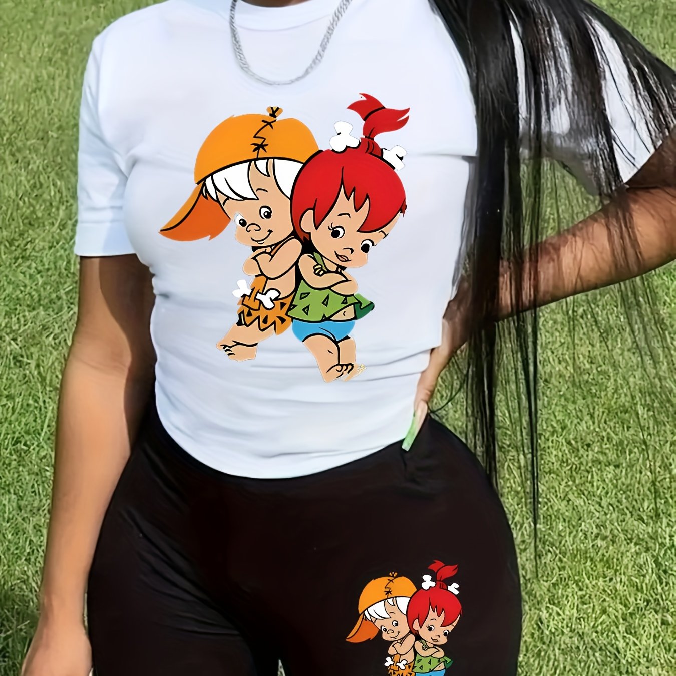 Trendy Cartoon Graphic Tee & High-Waisted Biker Shorts - Soft, Stretchy, and Comfortable Polyester Blend for Spring/Summer Outfits