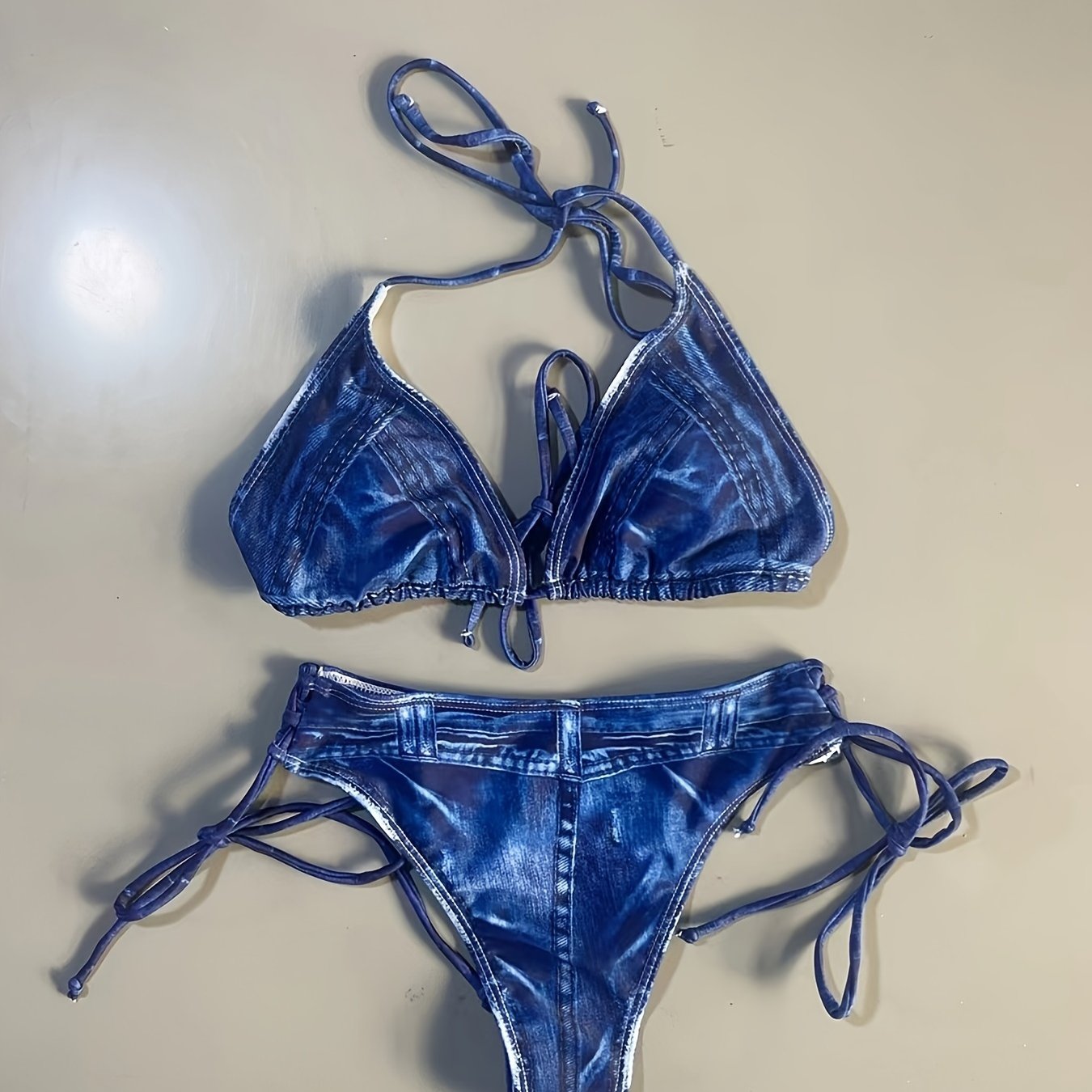 2 Piece Faux Denim Print Triangle Bikini Set - Tie Strap Halter Backless Design, Adjustable Straps, Ruffled Trim, Women's Swimwear & Clothing for Summer Beach Vacation