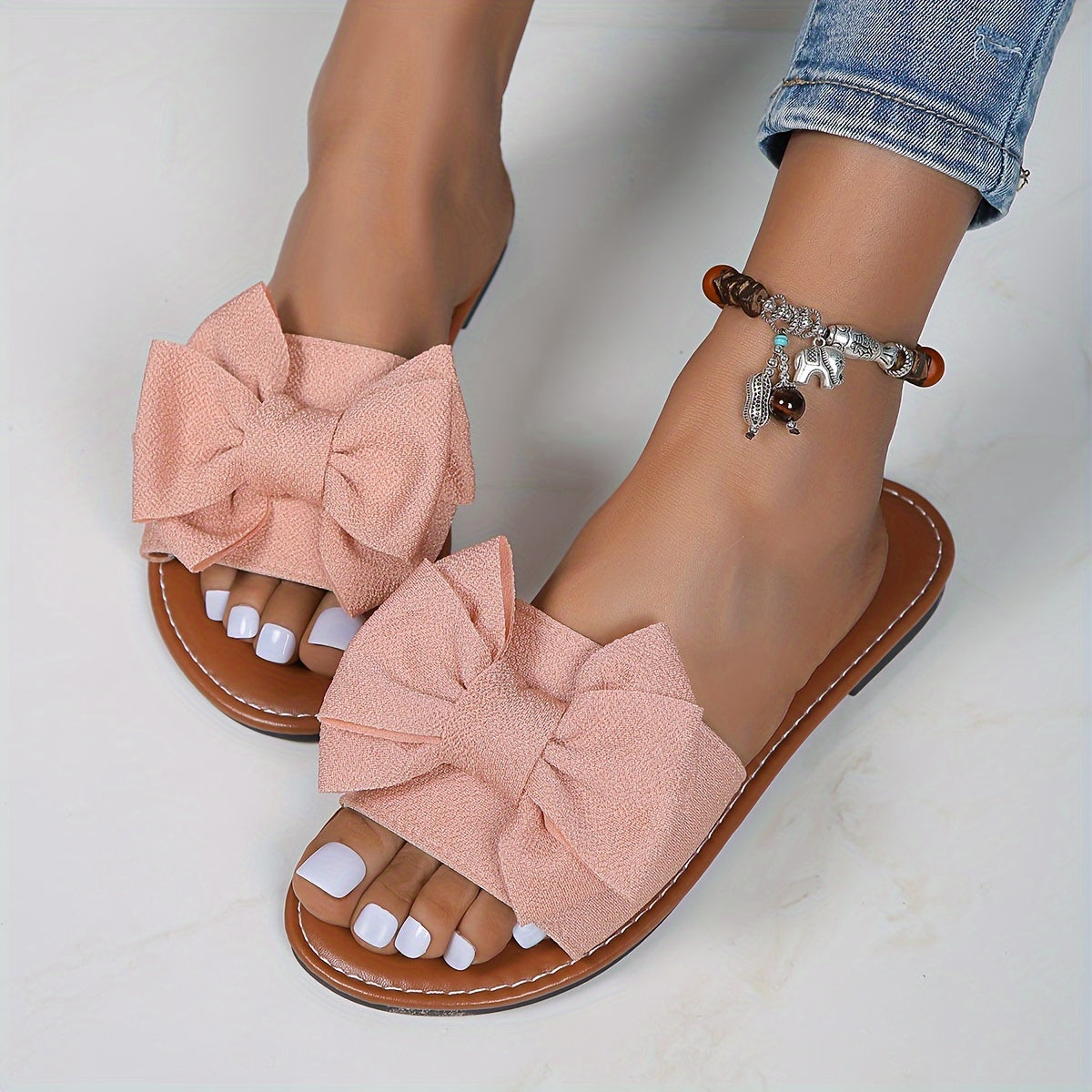Chic Solid Color Bowknot Womens Flat Slides - Comfortable Slip-On, Ultra-Lightweight, Bowknot Accent - Perfect for Summer Beach Strolls and Vacations