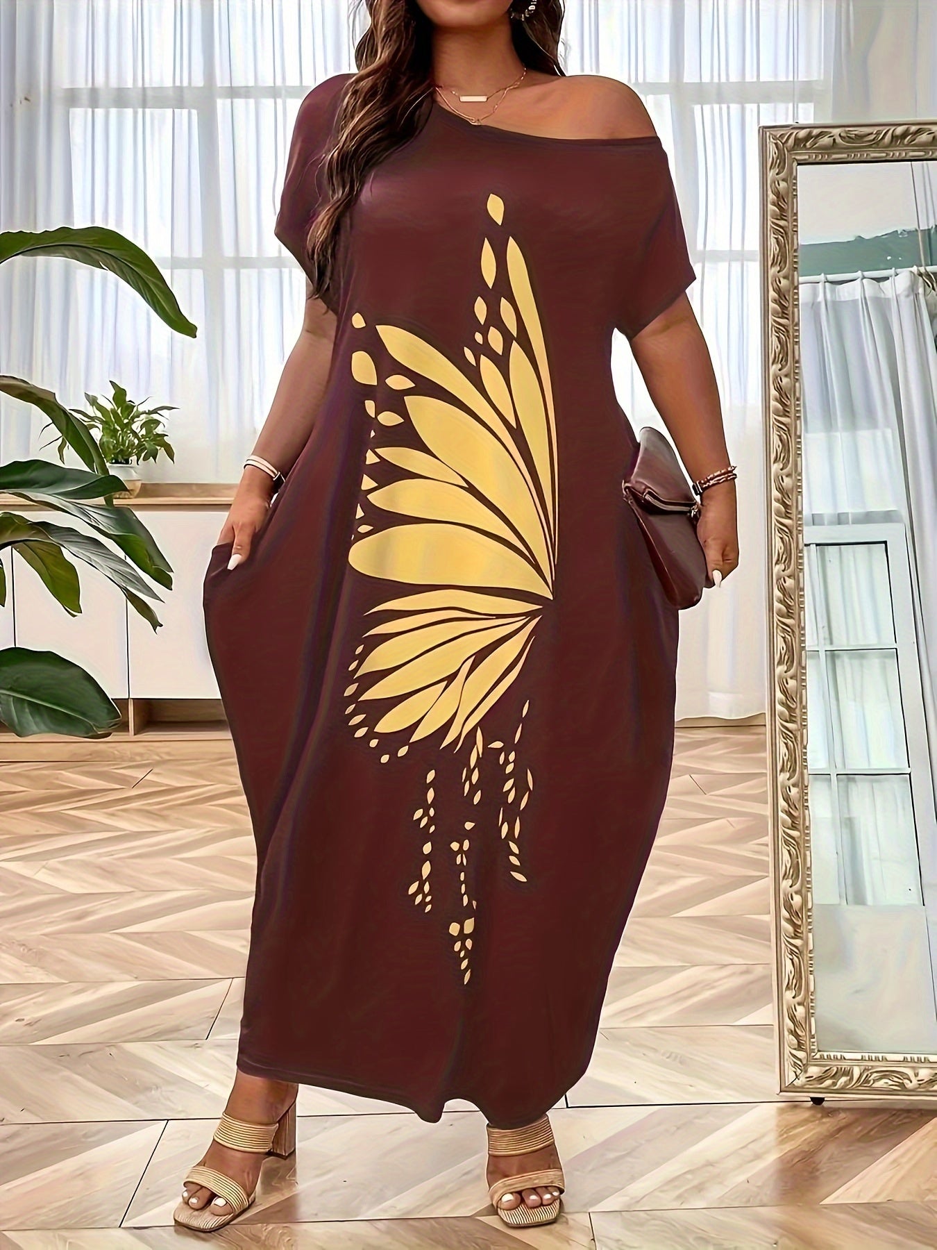 Chic Off-Shoulder Butterfly Print Maxi Dress for Women - Casual & Elegant, 100% Polyester, Machine Washable, Summer-Ready with Short Sleeves & Pockets