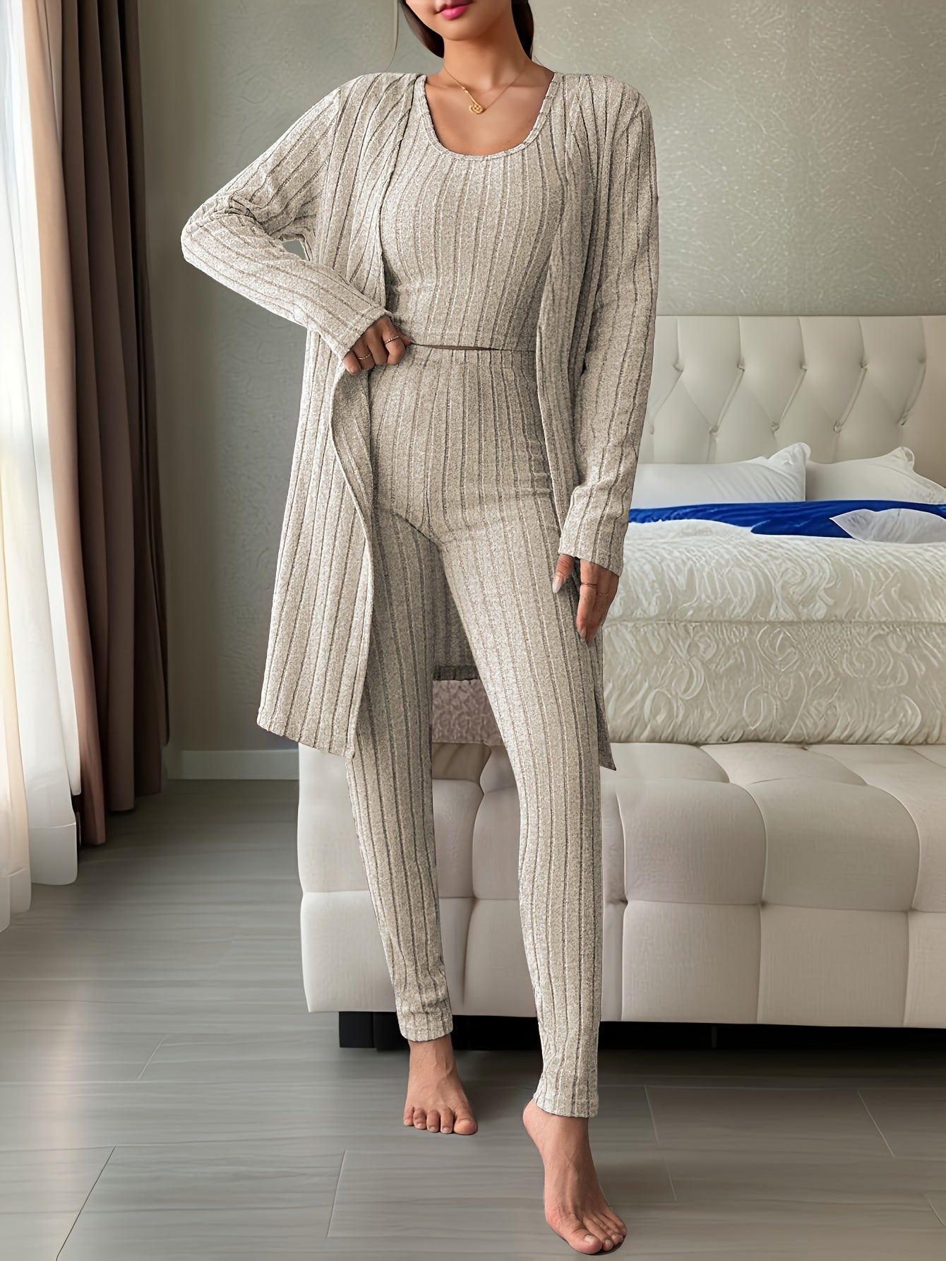 New Women's Fashion Suit Round Neck Short Vest Top Knitted Ribbed Slimming Trousers Round Neck Long Sleeve Solid Color Knitted Mid-Long Cloak Cardigan Casual Home Three-Piece Set Versatile Outerwear Fashion Three-Piece Set