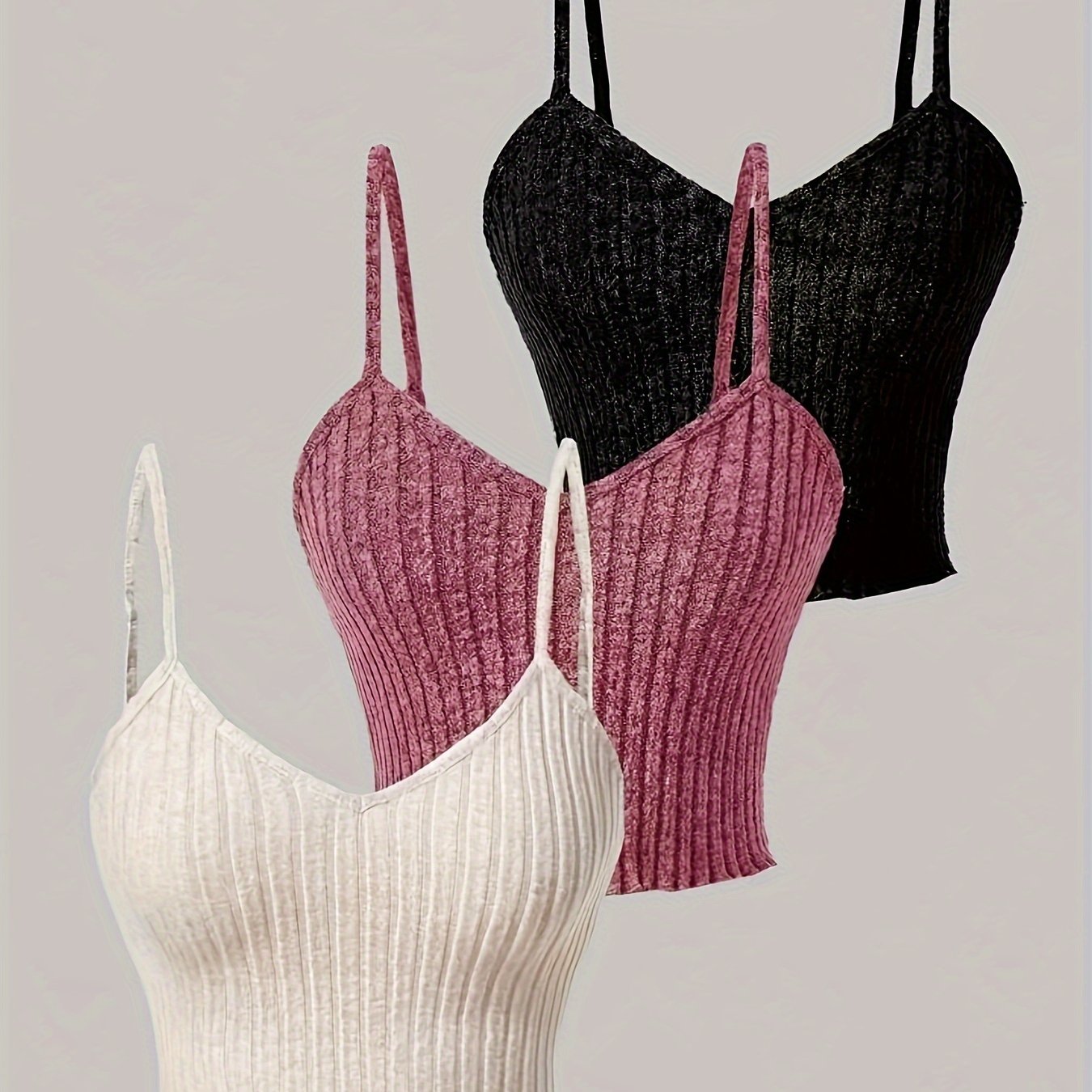 3pcs Ribbed Spaghetti Strap Tank Top, Casual Sleeveless Tank Top For Summer, Women's Clothing