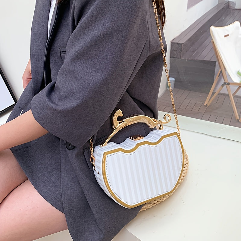 Stylish White Clip-On Bag with Golden Chain Strap - Elegant Kiss Lock Design, Detachable Shoulder Strap, Perfect for Everyday Use