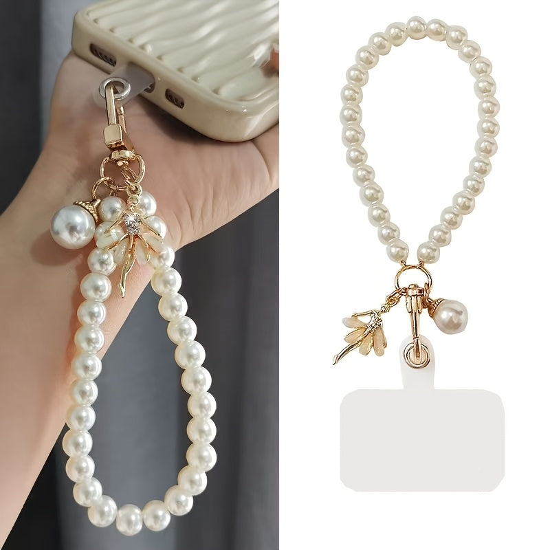 New Fashionable Women's Imitation Pearl Short Mobile Phone Lanyard Wrist Strap, Butterfly Beads Keychain, Mobile Phone Strap, Bag Pendant, Small Gift