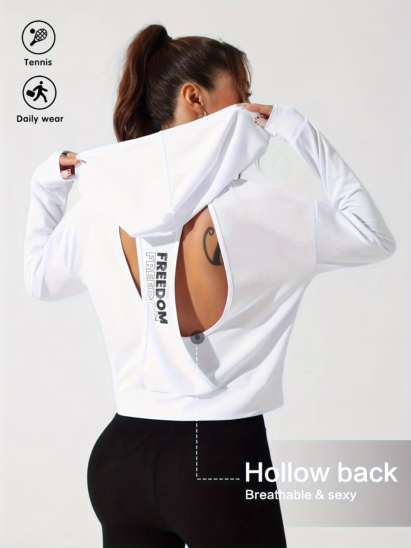 1pc Women's Stylish White Hooded Long-Sleeve Top - 100% Polyester, Semi-Translucent, Lightweight & Breathable for Spring/Summer, Machine Washable, Perfect for Tennis, Gym, and Casual Wear