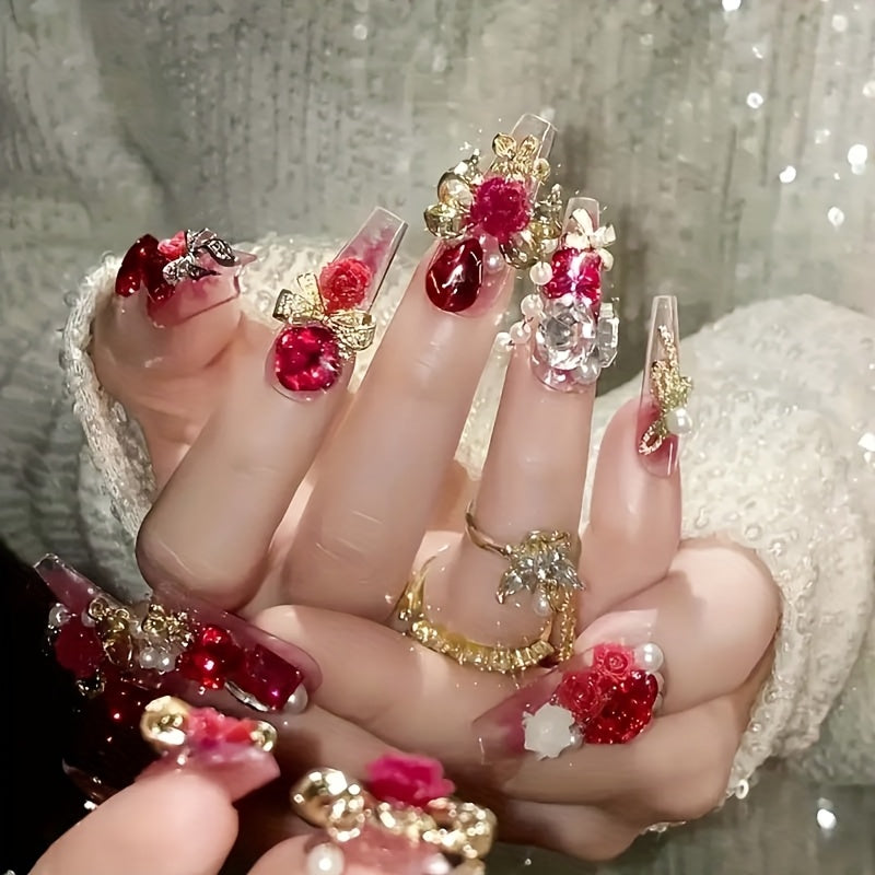 A Set of 24pcs (10 Handmade) New Year Costumes Featuring 3D Heart-Shaped Bows And Artificial Diamonds, Along with Long Stage-Style Wearable Nails, Perfect for Parties, Festivals, And Photoshoots, Including Wearing Tools.