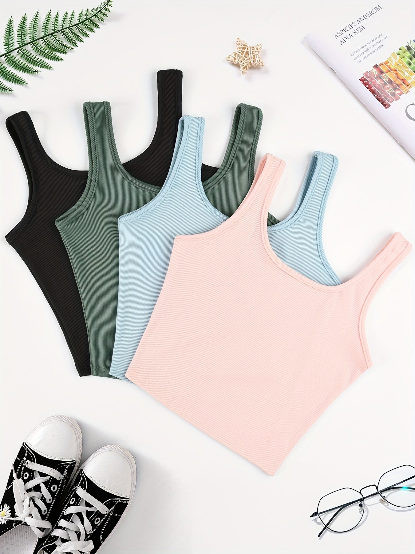 NADIA GO Women's Sleeveless Tank Top - Soft Pastel Pink, Ribbed Polyester-Elastane Blend, Casual Slim Fit Crop Vest for Summer Layering