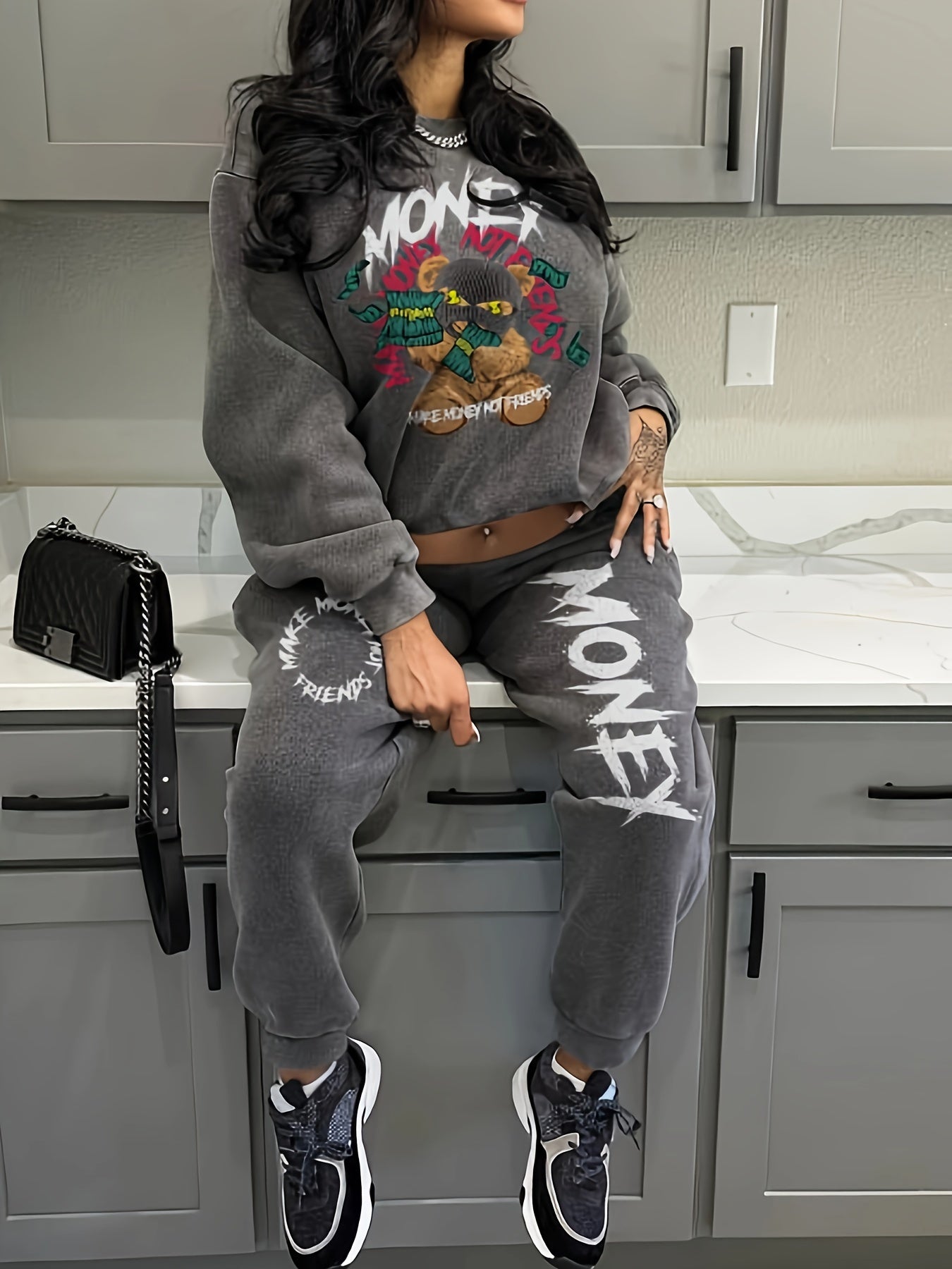 Women'S Casual Polyester Tracksuit, Crew Neck Knit Fabric Alphabet Pattern Loungewear, with Sweatshirt and Pants Set