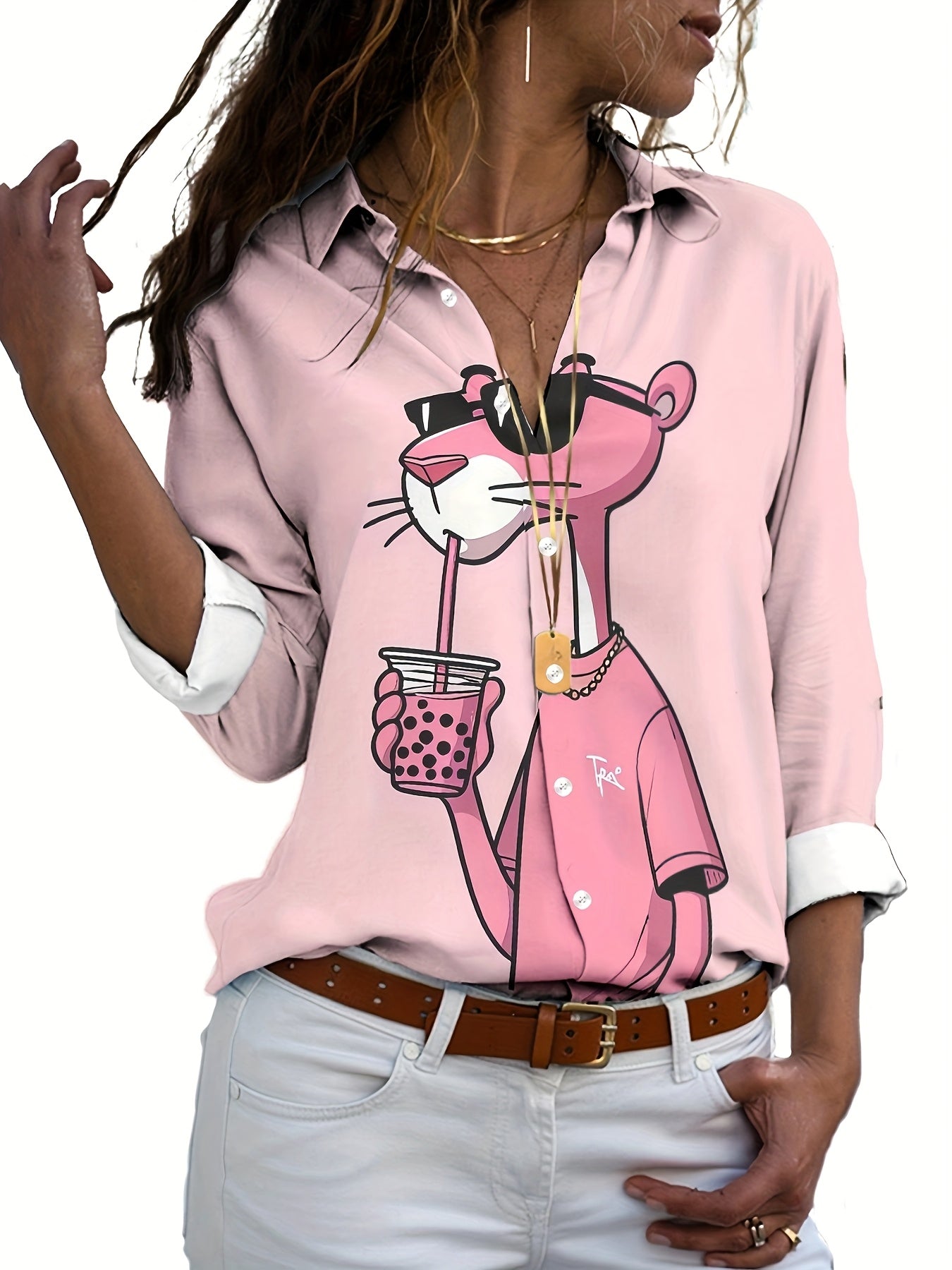 Women'S Long Sleeve Button-Up Shirt with Stylish Cartoon Cat Design - Casual Lapel Collar, Pink Shirt for Spring/Fall, Cute Long Sleeve Shirt