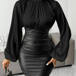 Elegant Women'S Patchwork Mini Dress with Pleated Detail, Long Sleeve, Stand Collar, and Side Zipper - Chic Two-Tone Business Casual Attire, All-Season Wear, Stylish Women'S Attire|Stand Collar Dress|Zipper Detailing