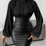 Elegant Women'S Patchwork Mini Dress with Pleated Detail, Long Sleeve, Stand Collar, and Side Zipper - Chic Two-Tone Business Casual Attire, All-Season Wear, Stylish Women'S Attire|Stand Collar Dress|Zipper Detailing