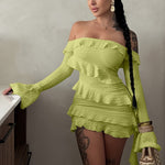 [Off Shoulder Ruffle Hem Dress] Ruffle Hem Off Shoulder Dress, Sexy Long Sleeve Bodycon Dress For Spring & Fall, Women's Clothing