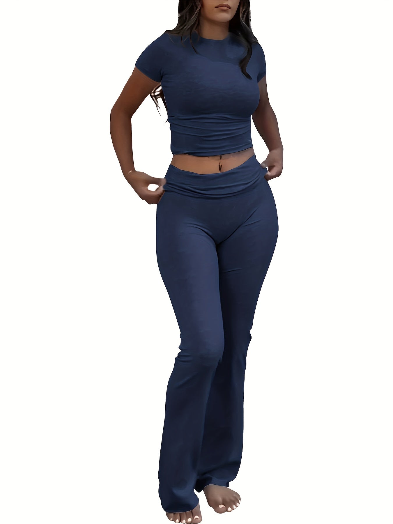 Women's Casual Slim Fit Two-Piece Pants Set – Short Sleeve Crew Neck T-Shirt & High Stretch Flared Leg Sport Pants Outfit