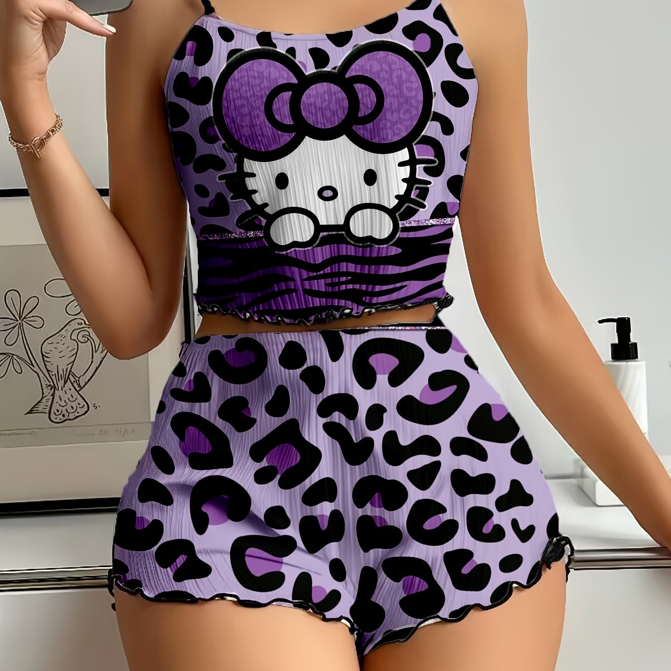 Sanrio for hello kitty Women'S Shorts Set - Elegant Off-Shoulder, Cartoon Print, Polyester Knit Pajamas with Ruffle Detail, All-Season Comfort, Adult Sleepwear, Shorts Set|Playful Print|Polyester Fabric