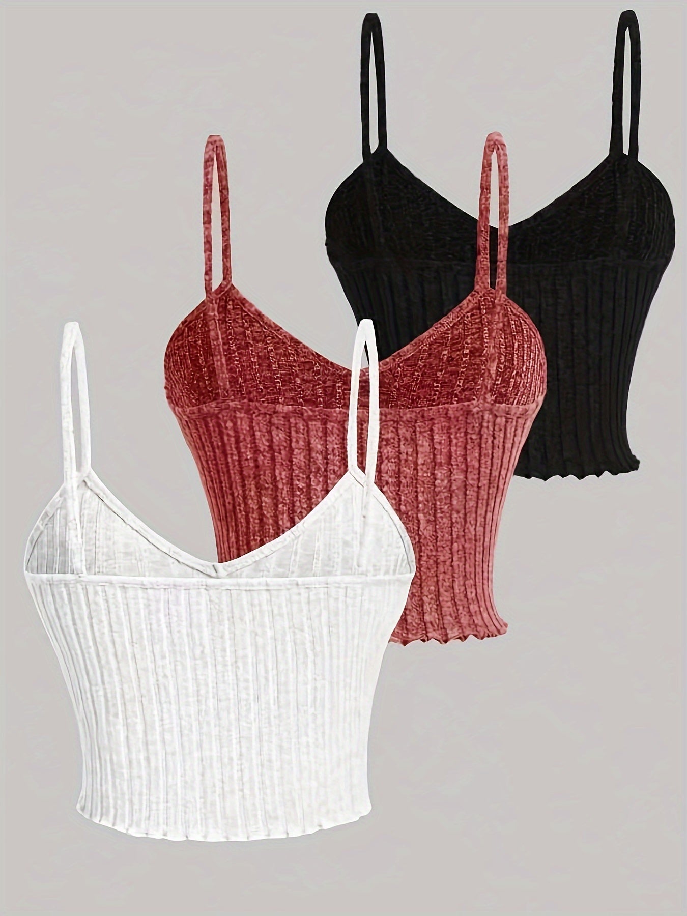3pcs Ribbed Spaghetti Strap Tank Top, Casual Sleeveless Tank Top For Summer, Women's Clothing