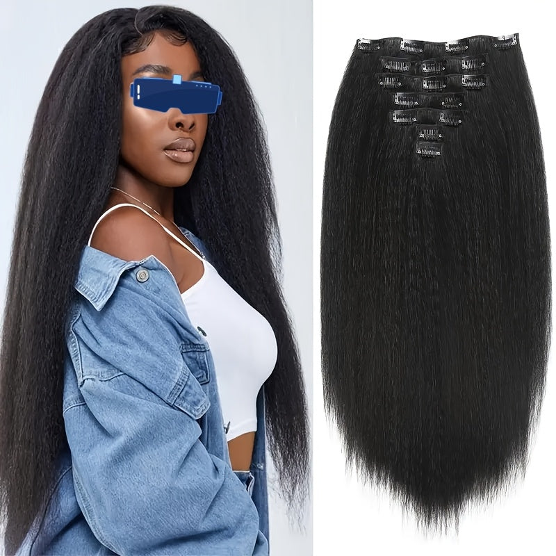 Kinky Straight Clip In Wig Extensions Full Head Yaki Straight Clips In For Women Synthetic Wig 7Pcs Wig Accessories