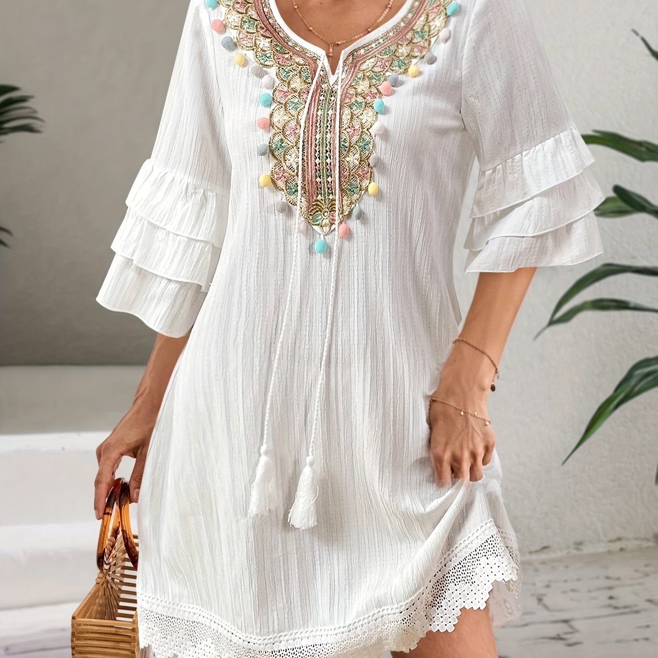 Women'S Fashion Embroidered Notched V-Neck Dress with Colorful Pom-Pom Detail, Ruffle Three Quarter Sleeves, Tassel Trim, Polyester 100%, Regular Fit, Woven Fabric, 120g/m², Spring/Summer/Fall A-Line Dress