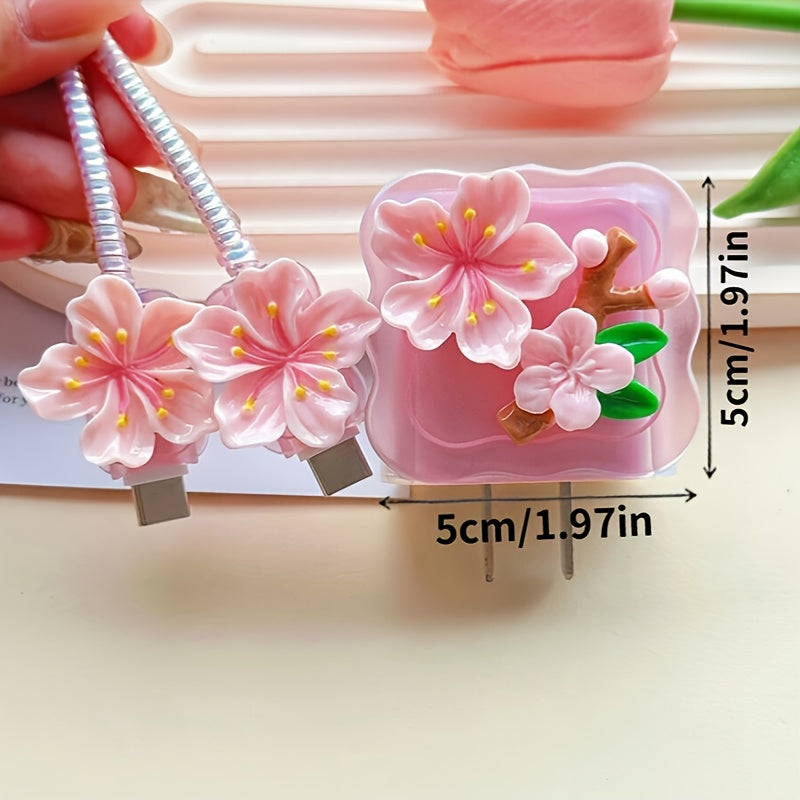 5pcs 3D Flower Cartoon Data Cable Protection Sleeve Winder, Suitable for Apple 20W/18W Charger, iPad Fast Charging Data Cable Soft Shell Protective Sleeve