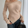Women'S Elegant Khaki Off-Shoulder Pullover Sweater, Viscose & Polyester Blend, Asymmetrical Neck, Solid Color, Knit Fabric, All Seasons, 236g/m² Weight