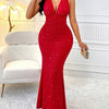 Women's Halter Neck Backless Evening Dress - Vibrant Red Bodycon Sleeve with Sparkling Details, Form-Fitting Mermaid Gown for Spring/Summer Parties & Galas