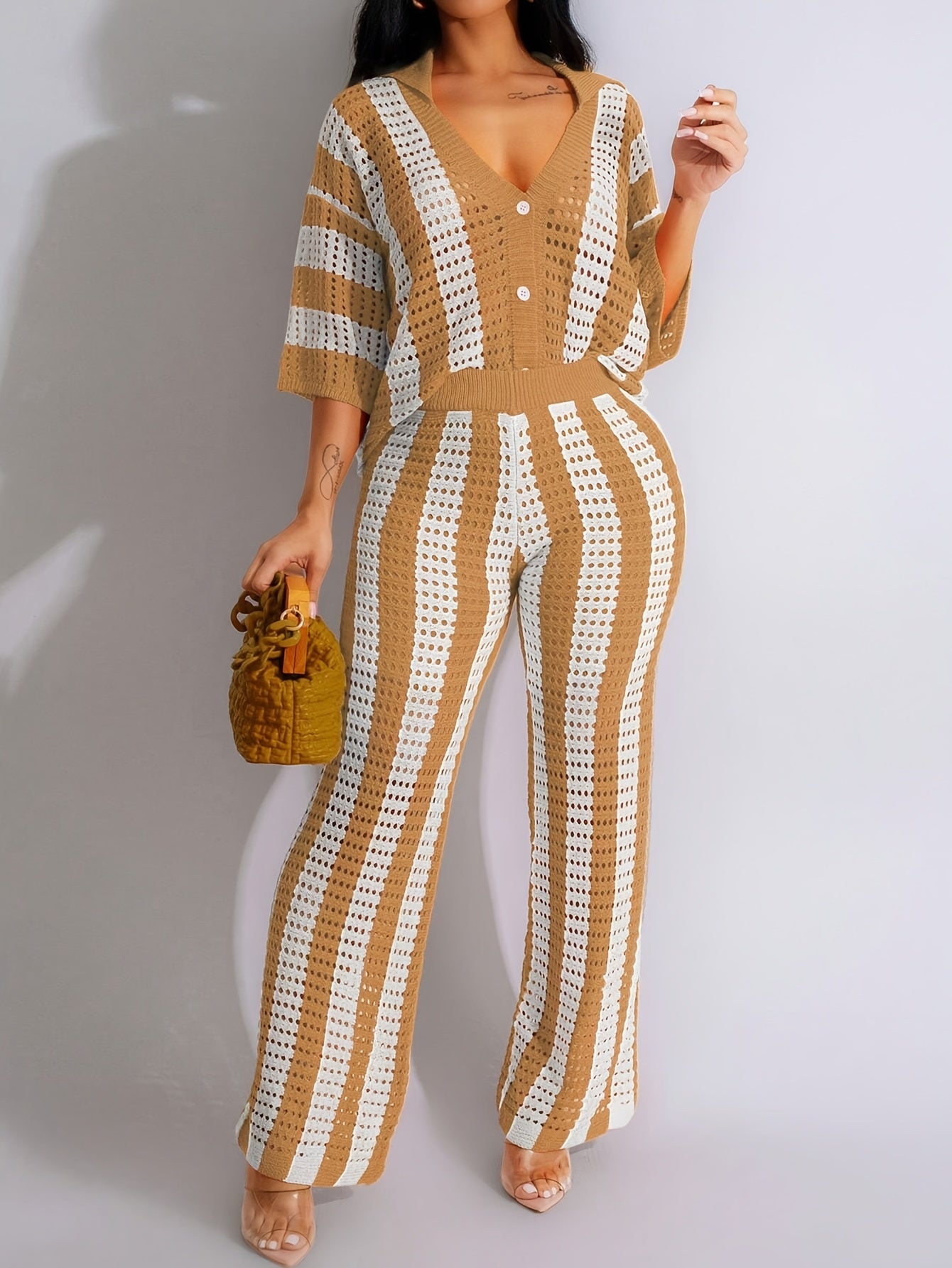 Chic Color Block Knit Top & Pants Set - V-Neck, Hollow-Out Detail, Acrylic, Striped Pattern, Single-Breasted, Vacation Ready, Casual Chic Outfit|Vneck Top|Acrylic Fabric