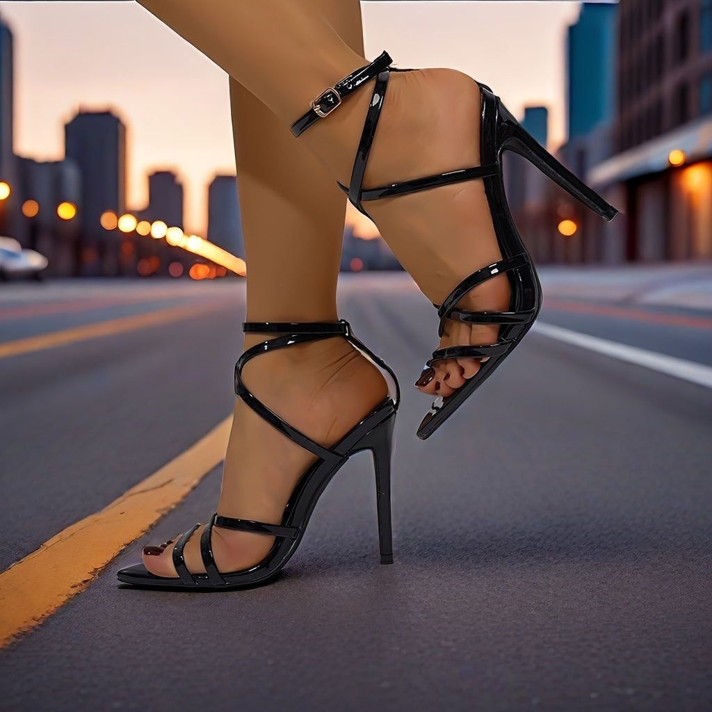 Mei Oi Women's Summer Sandals - Pointed Toe Stiletto Heel Ankle Strap High Heels with Buckle Closure, Black Synthetic Cover Dress Shoes for Parties & Formal Events, Party Footwear | Sleek Stiletto Design | Durable Rubber Sole