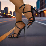 Mei Oi Women's Summer Sandals - Pointed Toe Stiletto Heel Ankle Strap High Heels with Buckle Closure, Black Synthetic Cover Dress Shoes for Parties & Formal Events, Party Footwear | Sleek Stiletto Design | Durable Rubber Sole