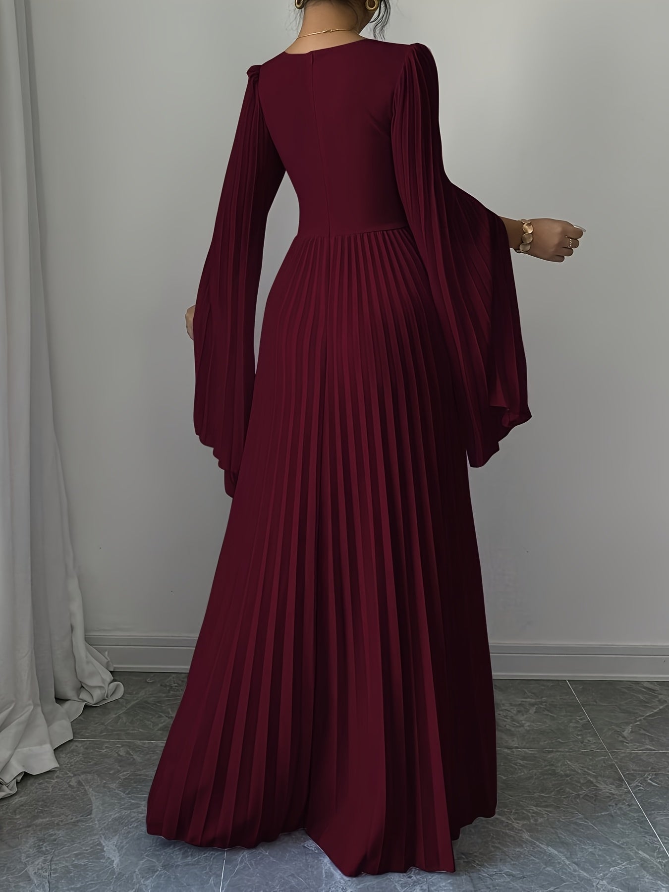 Elegant V-Neck Ruffle Sleeve Maxi Dress - Deep Red, Long Flowing Gown with Puffy Sleeves, Perfect for Parties & Formal Events, Formal Attire|Ruffle Detail|Vneckline