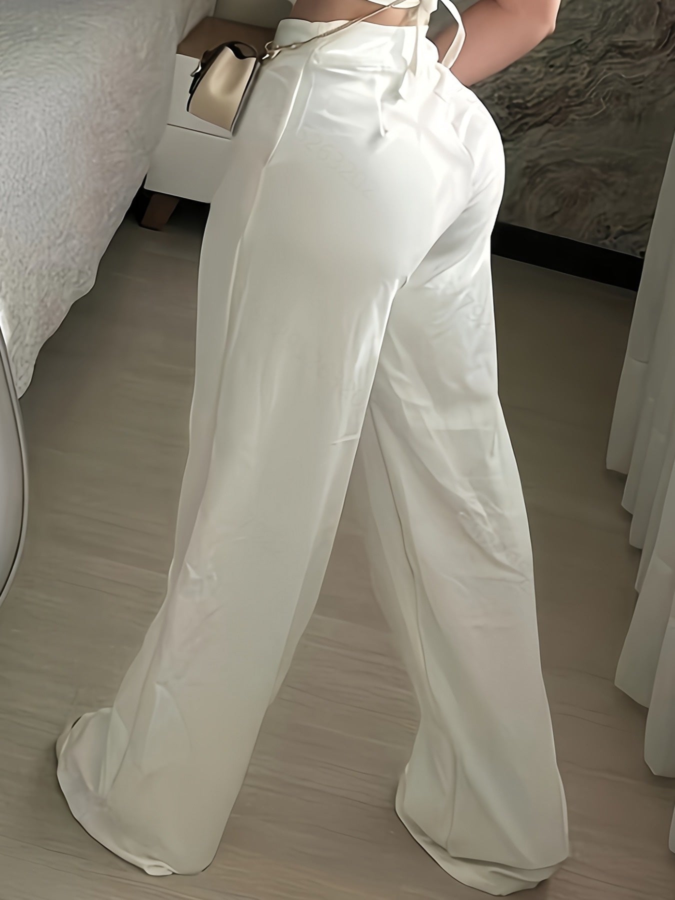 Women's Elegant White Polyester Two-Piece Set: V-Neck Button Crop Top & High-Waisted Wide-Leg Pants - Machine Washable, Chic Casual Style, Versatile Clothing Set|Elegant Twopiece|Tailored Suit