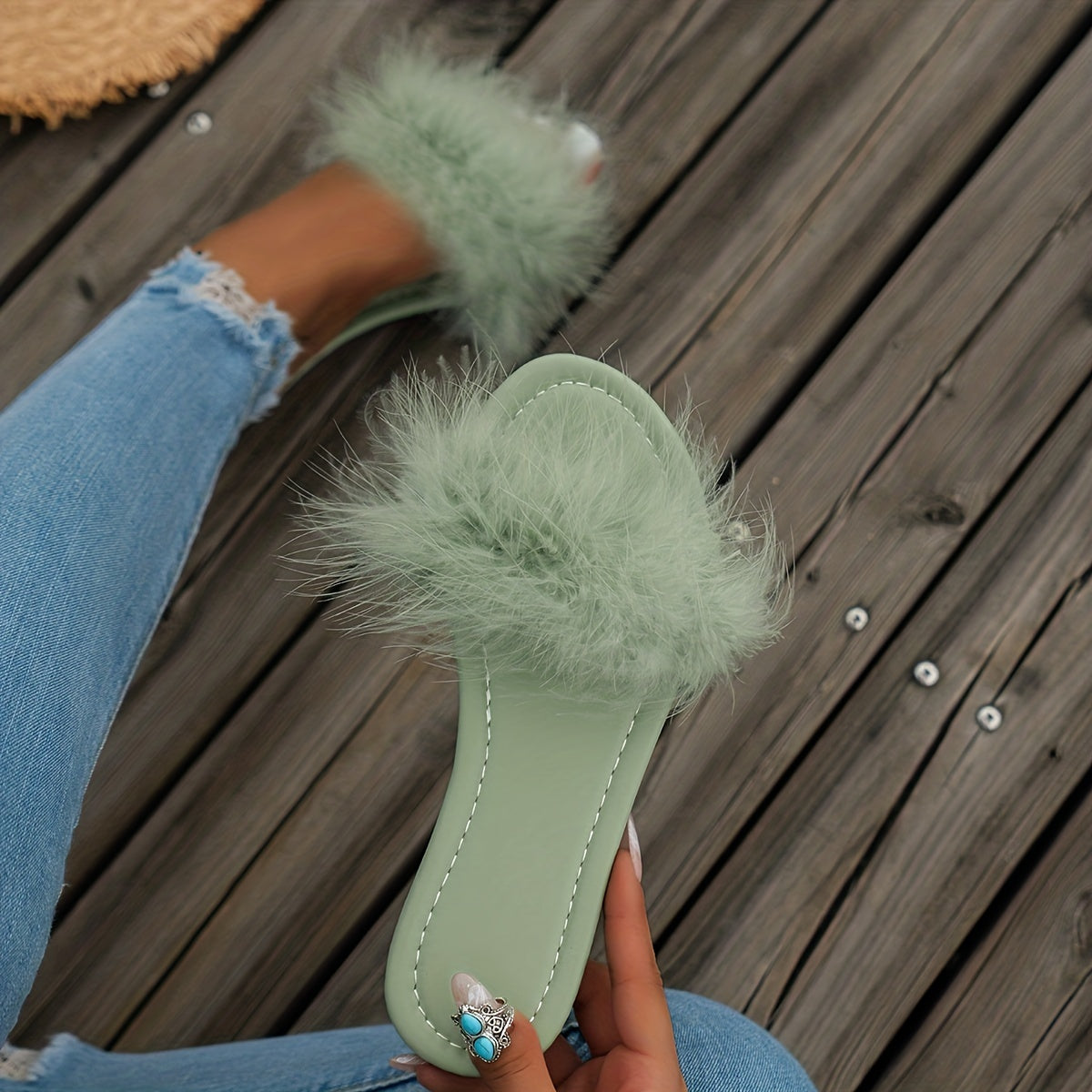 Women's Fluffy Feather Slides, Solid Color Open Toe Single Band Flats, Casual Daily Slide Sandals