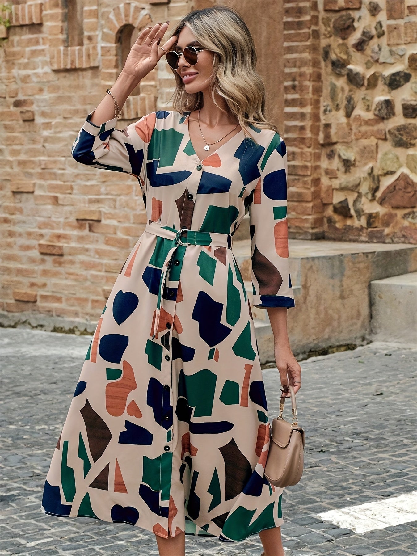 Women's woven V-neck print with sleeves belt Summer dress Elegant stylish casual Women's skirt