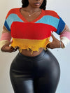 Women'S Casual Color Block V-Neck Sweater with Fringe Detail - Stylish Red, Blue, and Yellow Stripes, All-Season Top, Casual Wear|Vneck Sweater|Knitted Texture