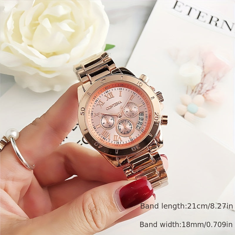 Quartz Watch For Women Stainless Steel Wrist Watch Alloy Pointer With Bracelet Set For Gifts Women daily uses Gifts For Eid