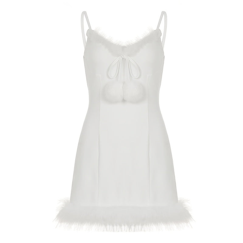 Women'S White Furry Trim Spaghetti Strap Dress, Sexy Sleeveless Knit Slip with Raw Hem Detail, Polyester 95% Elastane 5%, Solid Color, Fall/Winter Collection