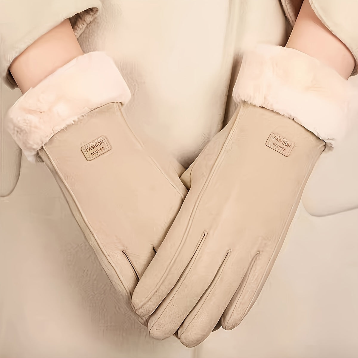 Women'S Beige Touchscreen Gloves - Thick Warm Plush Lined Full Finger Mittens for Winter, Knitted Polyester, Non-Stretch, Hand Washable, Ideal for Going Out