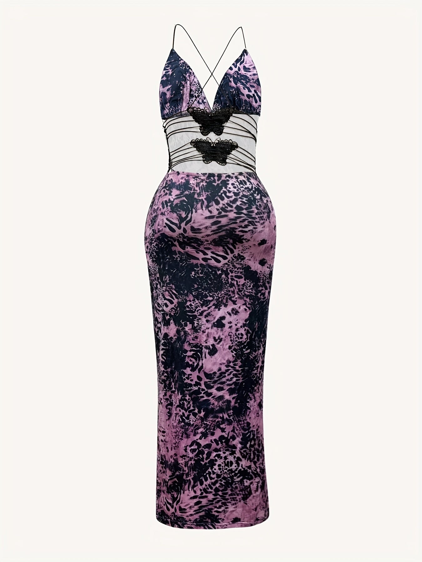 2025 Women's Sexy Floral Print Deep V-Neck Backless Bodycon Dress - Stretchy Mid-Weight Fabric, Machine Washable All-Season Party & Casual Wear, Evening Gown | Butterfly Strap Design | Medium Elasticity