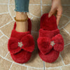 Elegant Wine Red Faux Rabbit Fur Slippers with Large Bowknot Design, Comfortable Non-Slip Indoor Slippers for Women, Soft Fabric Lining, TPR Sole - Perfect for Autumn and Winter, Indoor Slippers|Bowknot Design|Soft Fabric Sli
