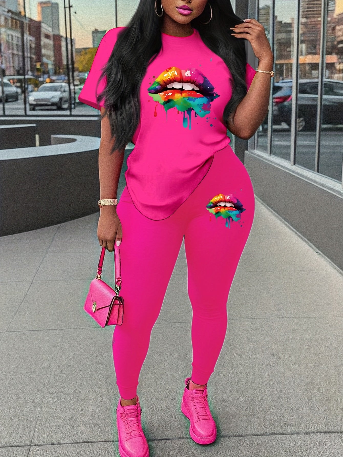 two piece Women's Two-Piece Lip Print Set: Short Sleeve T-Shirt & Leggings Outfit