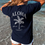 Women'S "Aloha" Graphic Tee - Casual, Short Sleeve, Loose Fit, Polyester, Round Neck, Tropical Coconut Tree Design, Summer Beachwear, Beach Casual Wear | Tropical Print Top | Comfortable Fit, Beach Clothes